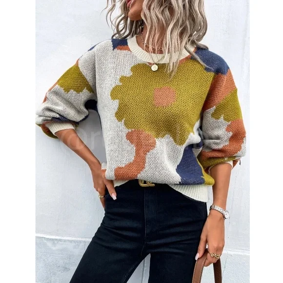 Floral Print Pullover Knit Sweater Multicolor Crew Neck Long Sleeve - Picture 4 of 7